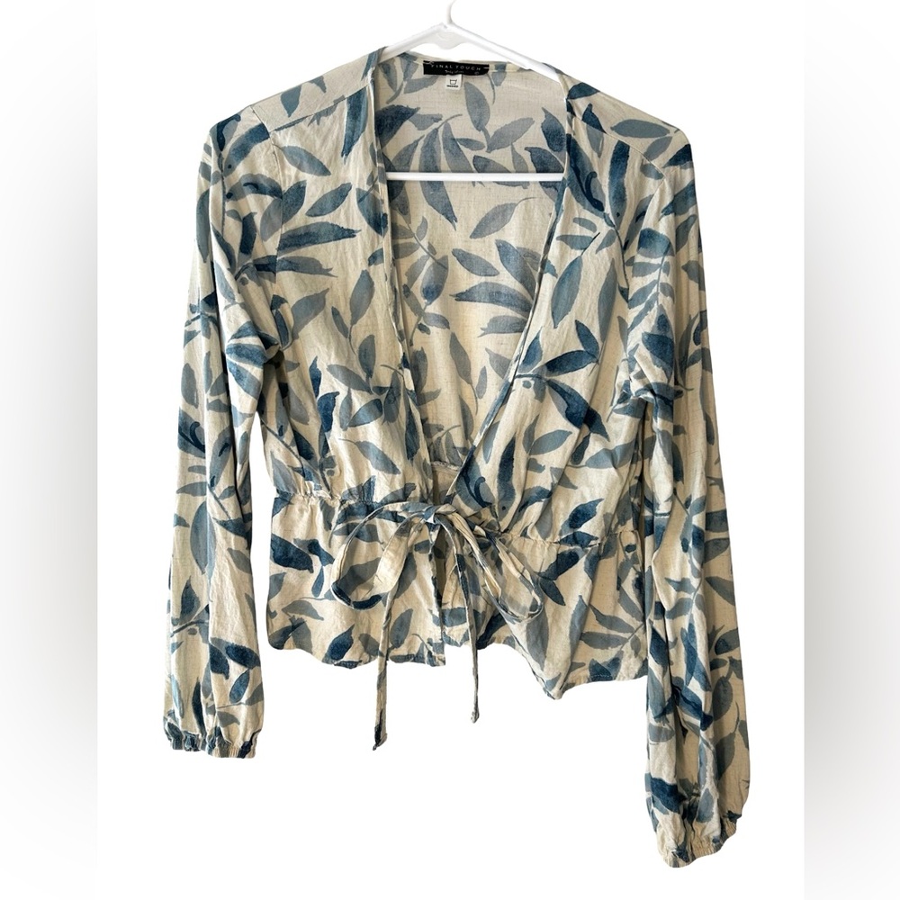 Final Touch Green Leaf Pattern Front Tie Blouse - image 1